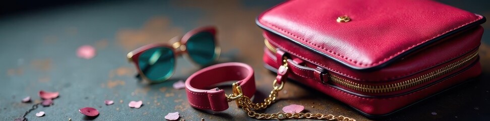 Close-up shot of luxury handbag and accessories, details, retail, watch