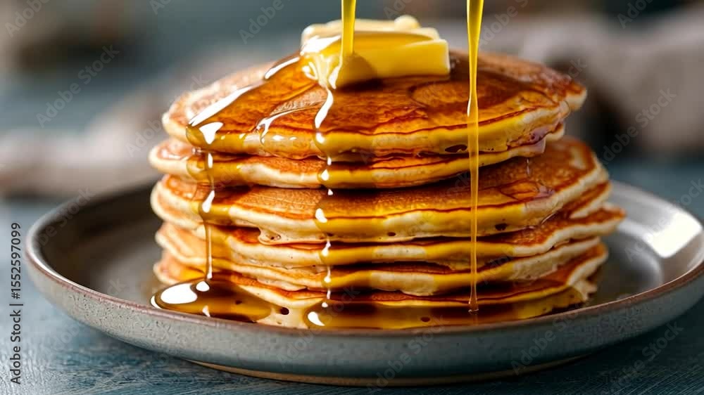 Poster golden stack of pancakes with butter and maple syrup on rustic plate against blue backdrop