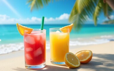 Refreshing Fruit Drinks on Tropical Beach. High quality
