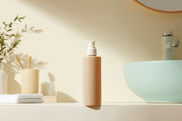 Beige and green-toned bathroom with soap bottle and soft foliage. Bright sunlight and spacious counter perfect for inserting product visuals.