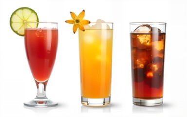 Three refreshing cocktails isolated on white background. High quality