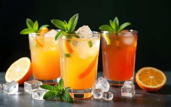Refreshing citrus cocktails, ice, mint, dark background; summer drinks menu. High quality