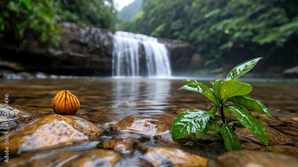 Aufkleber waterfall flowing into a calm clear pool with green plants and rocks