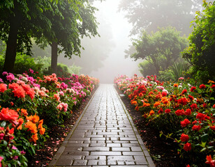Misty Garden Path A Serene Stroll Through Blooming Flowers