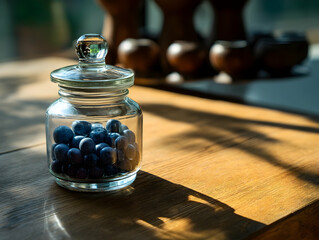 Glass jar with blueberries on wooden table, sunlight illuminates dishes, canning for winter, food, close-up, copy space