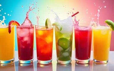 Colorful refreshing drinks splashing in glasses with vibrant backgrounds, perfect for summer promotions. High quality