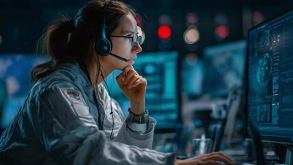 Tech Support Specialist at Work: A focused tech support specialist immersed in their work, skillfully navigating complex digital interfaces and providing vital assistance.