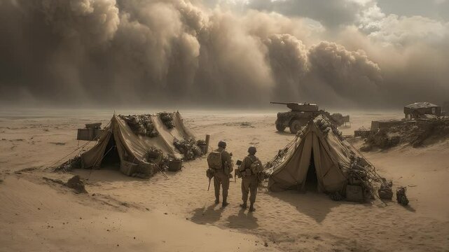 Desert Storm: Soldiers Facing Approaching Sandstorm at Military Outpost