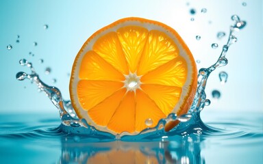 A vibrant, juicy orange slice captured in mid-air as it splashes into a pool of clear water. The bright orange color of the fruit contrasts with the clear water, creating a visually striking and