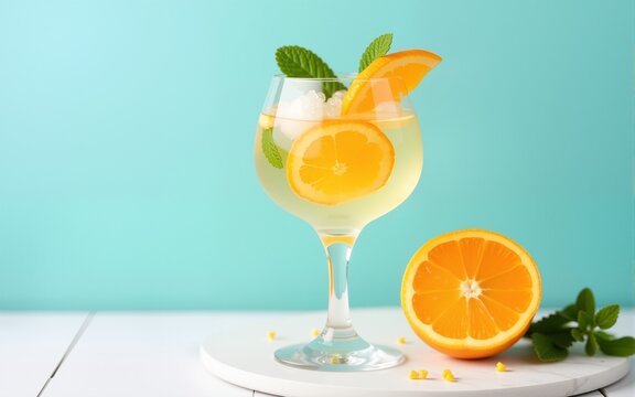 Oranges detox water with sliced orange, ice cubes, green mint in misted wineglass on pastel blue background, white wood board. High quality