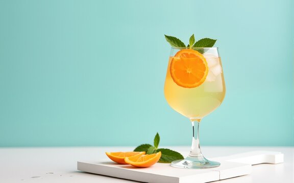 Oranges detox water with sliced orange, ice cubes, green mint in misted wineglass on pastel blue background, white wood board. High quality
