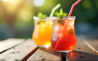 Refreshing cocktails with straws and mint on a wooden surface for summer drinks and beverage promotions. High quality