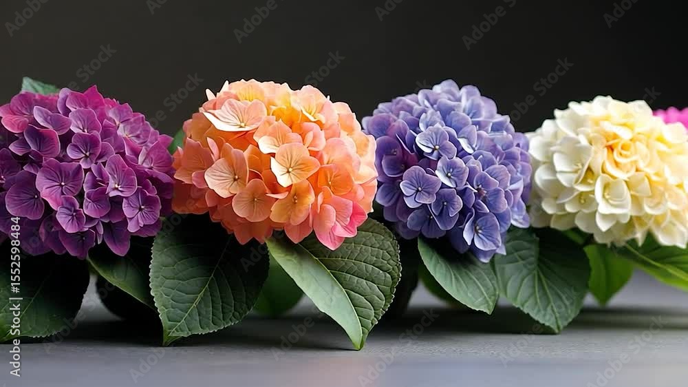 Poster colorful hydrangea blossoms displayed in a row against dark gray background