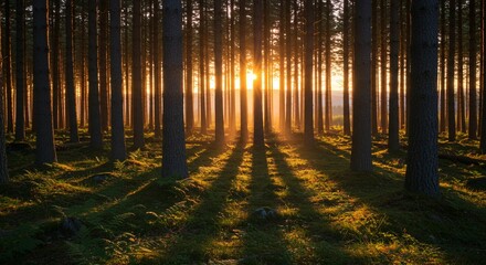 Naklejka premium Golden sunlight in coniferous forest