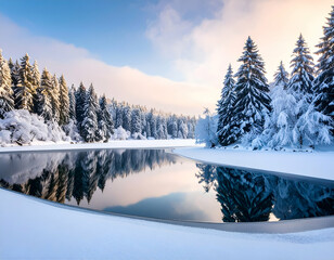 Frozen Lake Serenity Winter Wonderland Reflection of Snow-Covered Trees