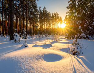 Sunrise in a Snowy Forest Winter Wonderland Scene