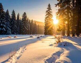 Sunrise in a Snowy Forest Winter Wonderland Scene