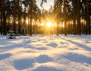 Sunlit Winter Forest A Sparkling Sunrise through Snow-Covered Pines