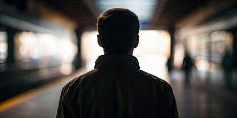 Silhouette of a person waiting at a train station platform.