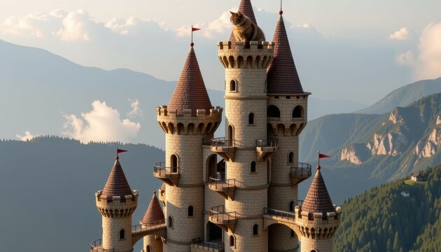 Majestic fairytale castle with multiple towers and turrets perched on a mountain overlooking lush green forest and majestic mountains under a cloudy sky