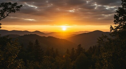 Golden sunset over mountain range