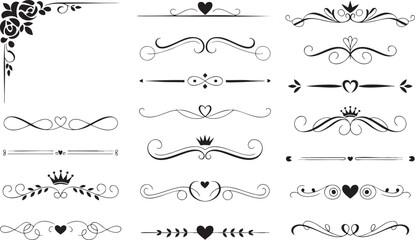 Elegant Flourishes and Decorative Dividers Vector Set for Embellishing Designs with Swirls, Hearts, Crowns, and Floral Accents on a Clean, Dark Background