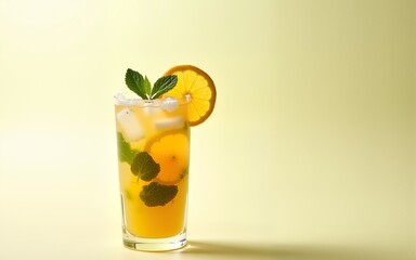 minimalistic photo features refreshing summer drink with citrus slices and mint leaves in clear glass. High quality