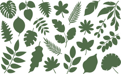 Tropical Foliage Vector Collection A Variety of Green Leaves on a Black Backdrop Perfect for Botanical Designs, Nature Inspired Art, and Lush Greenery Illustrations