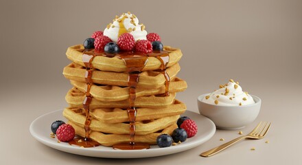 Golden Waffles Topped with Berries and Whipped Cream
