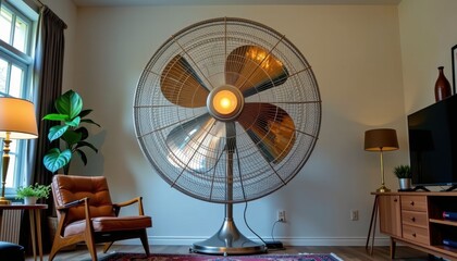 Large vintage industrial floor fan with metal grill and rotating blades in a stylish living room interior featu modern furniture, greenery, and ambient lighting