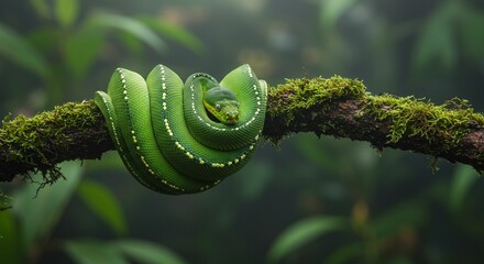 Green snake on branch in rainforest