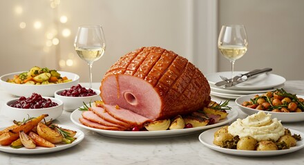 Glazed Ham Feast: A Festive Holiday Table Setting with Delicious Sides