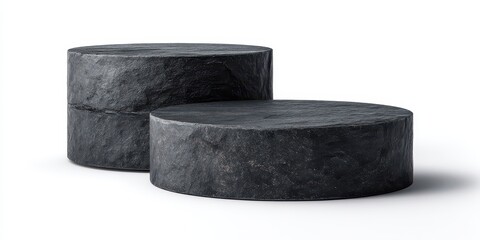 Two dark gray, cylindrical stone podiums, textured, one atop the other, isolated on white