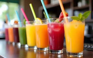 Colorful and refreshing juice options for healthy living and summer enjoyment at a vibrant café bar, cut out. High quality