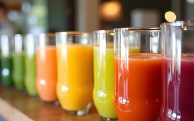 Colorful and refreshing juice options for healthy living and summer enjoyment at a vibrant café bar, cut out. High quality