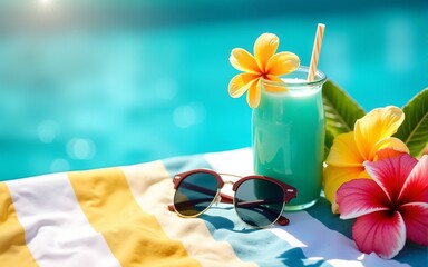 Stylish sunglasses resting on a sun-drenched beach towel, next to a refreshing summer drink and vibrant tropical flowers Perfect for summer vacation and travel promotions , warm, heat, freedom