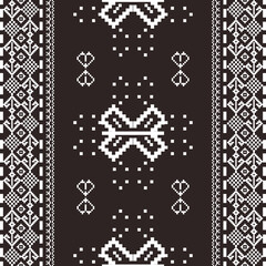 Black and white Ukrainian ethnic seamless pattern. Vector illustration for your design. Ideas for carpet, rug, wall tapestry, table runner, elaborate borders, and textiles. Pixel pattern.