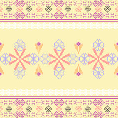 Cross-stitch ethnic boho seamless pattern on a yellow background. Tribal pattern. Folk motif. Vector folk embroidery geometric shape seamless pattern. Ideas for carpet, rug, and wall tapestry.