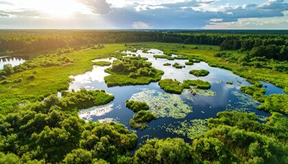 Vibrant Wetland Landscape: An expansive aerial shot capturing a lush wetland ecosystem, alive with diverse flora and fauna, bathed in golden sunlight under a dynamic sky.