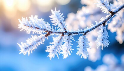 Frozen Branch Detail: A close-up shot reveals the intricate beauty of a frost-covered branch, sparkling with ice crystals in the soft light of a winter sunrise.