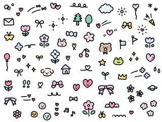 Obraz na płótnie Canvas 手書きの飾りイラストのベクターイラストセット。手描き、リボン、花、落書き、ハート、星
