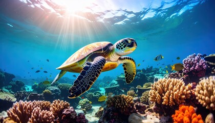 Underwater Turtle's Serenity: A vibrant image of a sea turtle gliding gracefully through a sun-dappled ocean, showcasing the serene beauty of marine life.