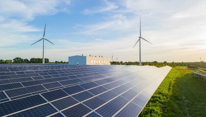 Renewable Energy Landscape: Solar panels and wind turbines collaborate to harness clean energy, forming a hopeful vision of sustainable power under the vast blue sky.