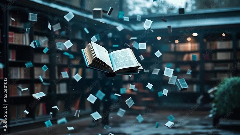 Poster Levitating Book with Floating Pages in Library Setting with Soft Lighting and Blurred Background