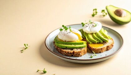 Avocado Toast: A culinary composition showcasing two elegantly crafted avocado toast creations, each adorned with a perfectly poached egg and microgreens.