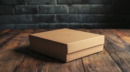 Brown Cardboard Box Mockup on Rustic Wooden Table with Soft Light