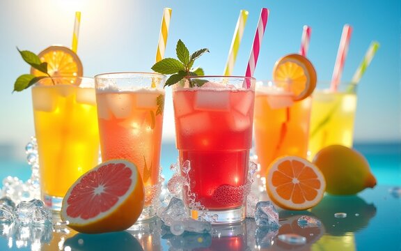 Colorful summer drinks with ice and citrus fruits splashing water. High quality