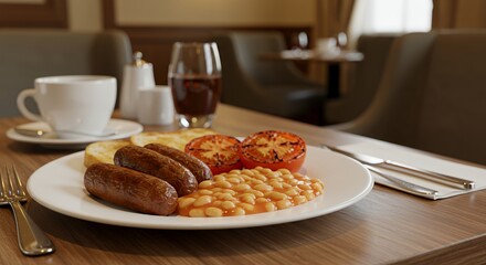 Indulge in a hearty full English breakfast, complete with grilled tomatoes, succulent sausages, and creamy baked beans.