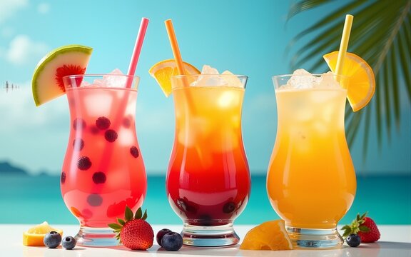 Three refreshing summer drinks with ice, fruit, and straws, ideal for beverage ads, tropical bar menus, or summer lifestyle designs. High quality