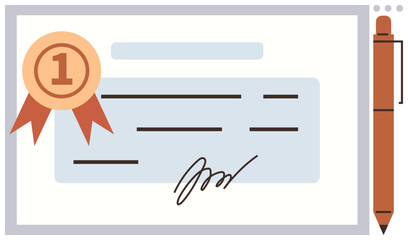 Certificate featuring prominent ribbon, signature, and pen denoting awards, recognition, or achievement. Ideal for education, certification, career milestones, training motivation leadership